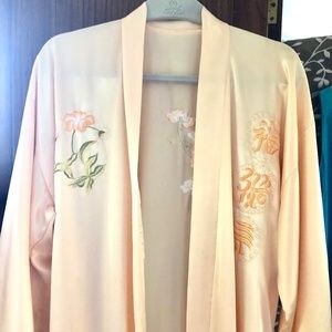 Silk Robe Peach with Embroidery front and back